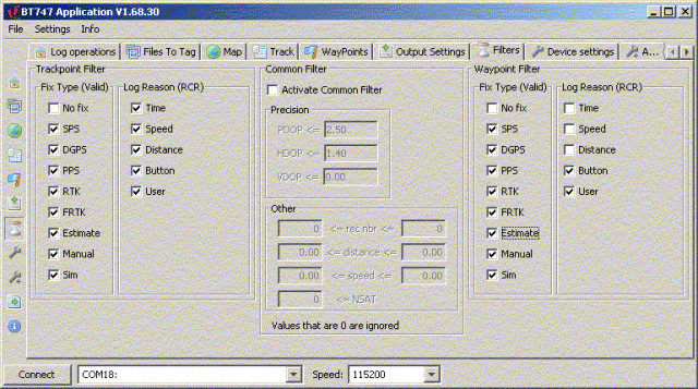 BT747 1.68.30 Filter Settings